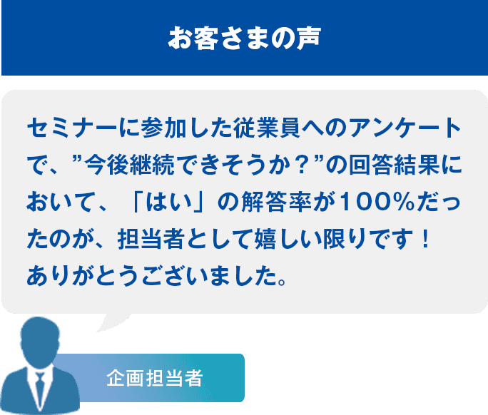 お客さまの声 セミナーに参加した従業員へのアンケートで、”今後継続できそうか？”の回答結果において、「はい」の解答率が100%だったのが、担当者として嬉しい限りです！ありがとうございました。