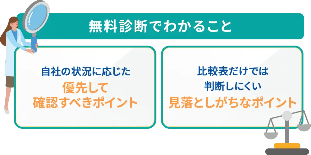 無料診断でわかること 自社の状況に応じた優先して確認すべきポイント 比較表だけでは判断しにくい見落としがちなポイント