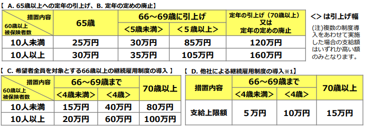 定年延長による各助成金制度コースに関する表