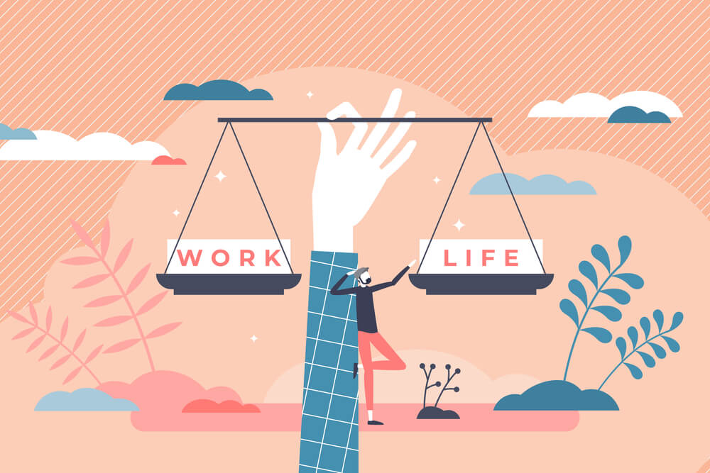 天秤に乗せられたWORK,LIFEと書かれたイラスト