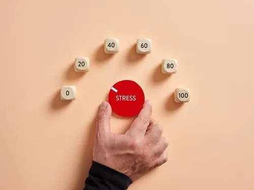 数字が書かれた小さな木のブロックとSTRESSと書かれた赤く丸いブロックを持つ人