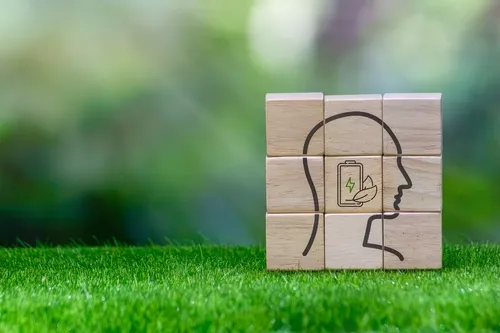 芝生の上に置かれたイラストが描いている9つの積み木