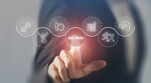 空間にあるイラストのボタンを押すイメージの手元