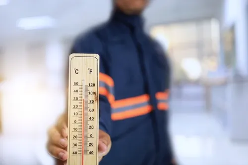 紺にオレンジのラインがある服を着た人が温度計を見せる様子