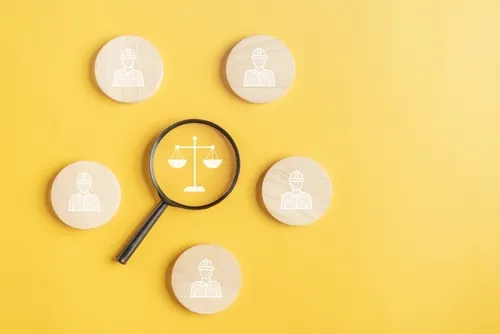 黄色の背景に5つの労働者を表す丸い木と天秤を覗く虫眼鏡