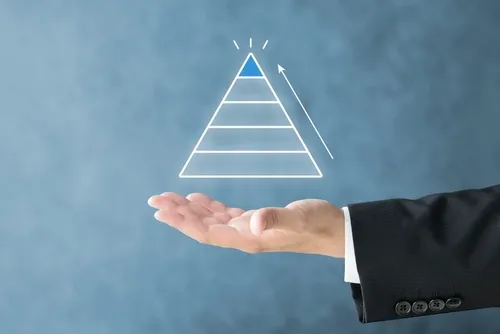 ピラミッドの頂点をへのステップを示す図とそれを支える手元
