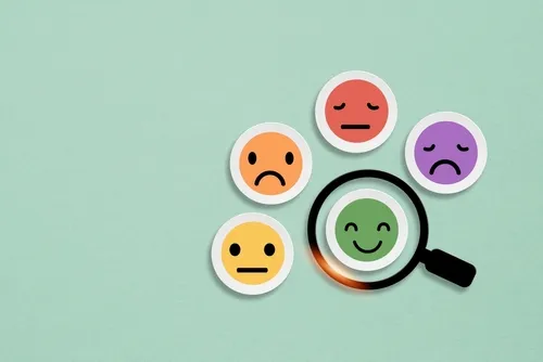 黄緑色の背景に5種類の機嫌がわかる顔のマークと虫眼鏡