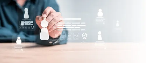 紺色のシャツを着た人が空間に浮かぶイラストにタップする手元