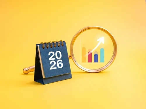 黄色い背景に2026年のカレンダーと棒グラフを映す虫眼鏡
