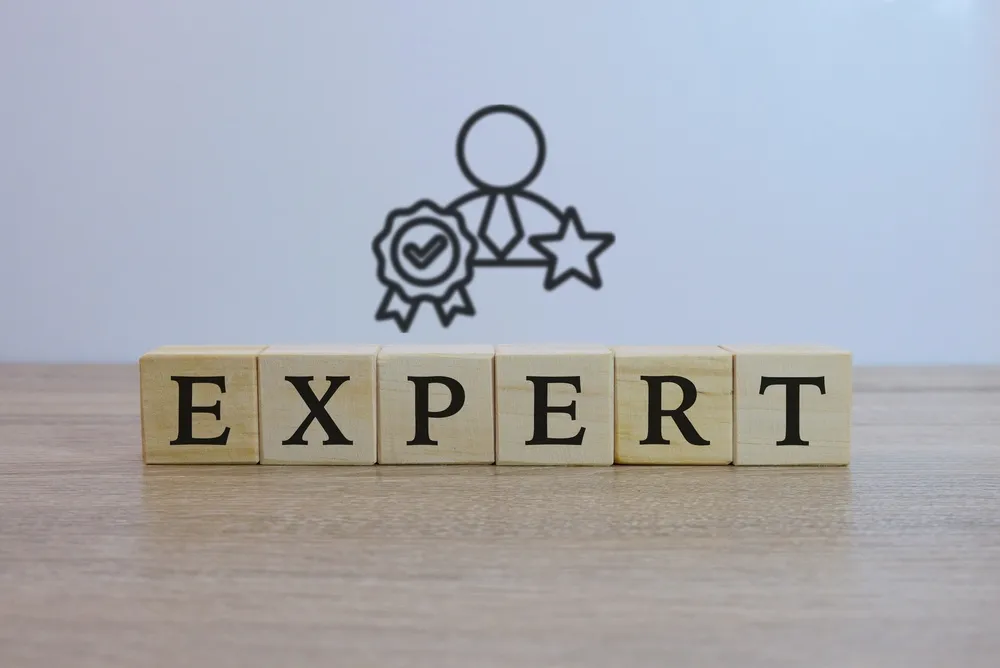 ブロックにEXPERTの文字と認定マークを得たイラスト