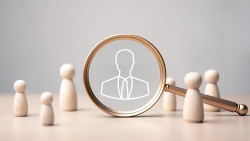 虫眼鏡に映る人とその周りに置かれた人形