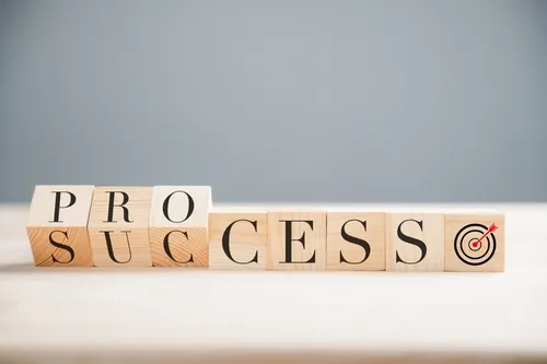 木製のサイコロに描かれたPROCESSとSUCCESS