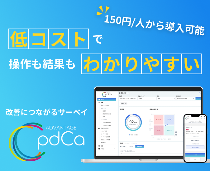 改善につながるサーベイ。低コストで操作も結果も分かりやすい。1人150円から導入可能。